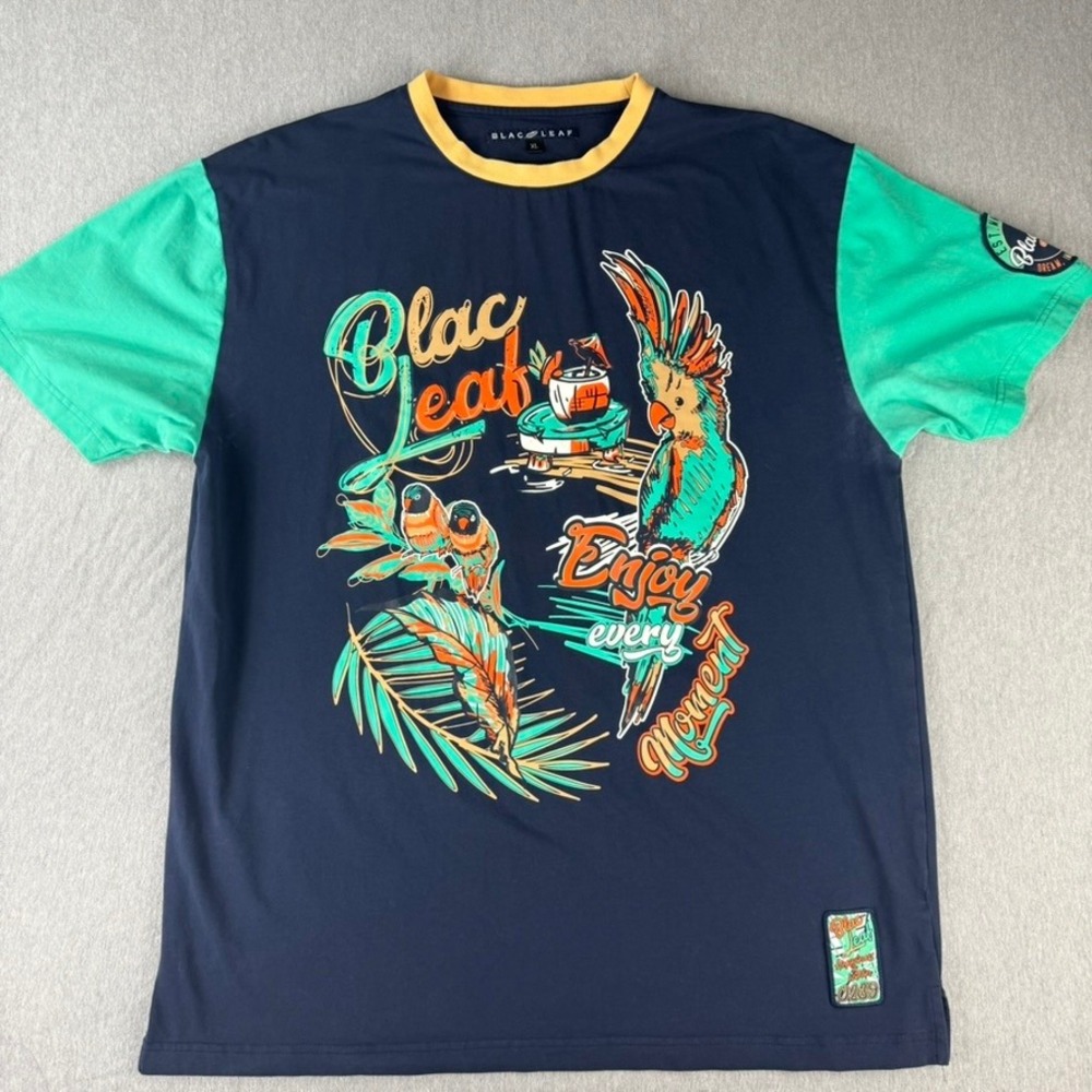 Blac Leaf Graphic T-Shirt Mens XL Navy Blue Good Tropical Parrot Colorblock
